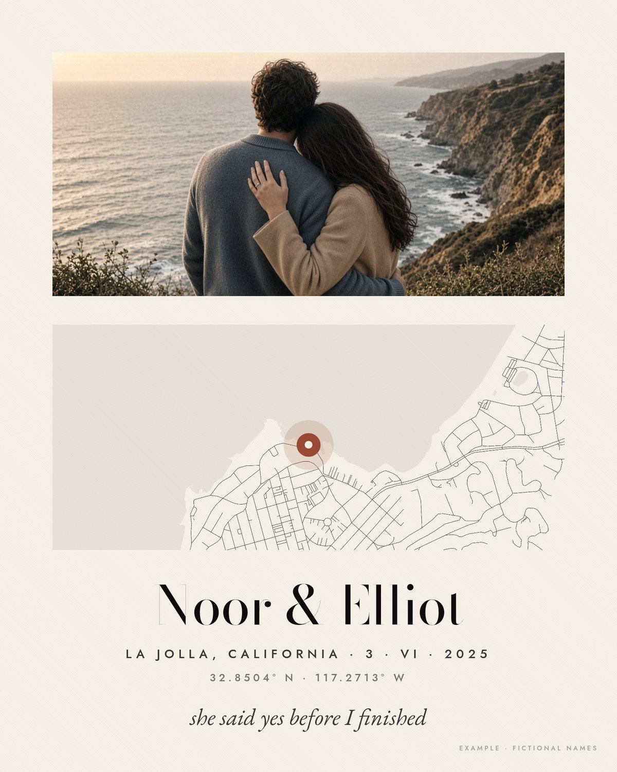 Example Our Story piece: Engagement · La Jolla, California